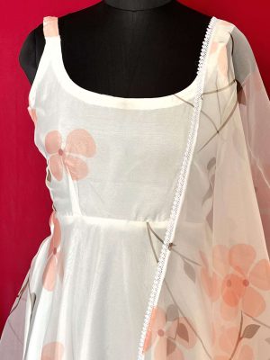 Floral Print Organza White Anarkali Suit
