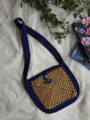 Handmade Blue And Mustard Color Crochet Bag