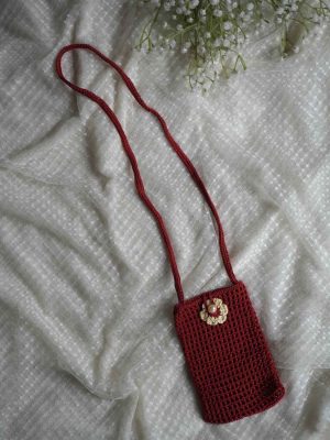 Red Color Crochet Mobile Phone Bag