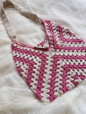 Handmade Granny Square Pink And White Color Crochet Bag