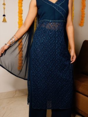 Georgette Chikankari Sea Blue color Kurta, Palazzo with dupatta Set