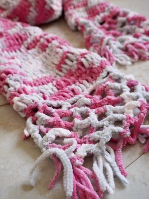 Pink and White Velvet Crochet Scarf