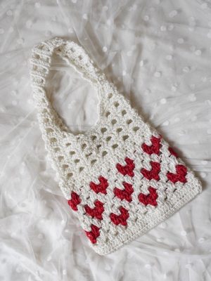 Handmade White And Red Color Crochet Tote Bag