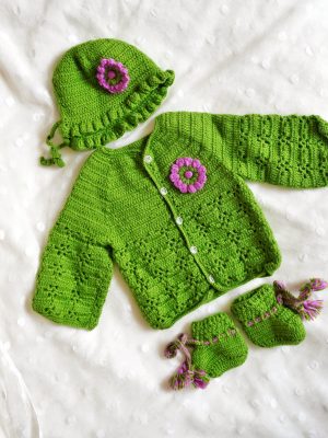 Spring Green Handmade Crochet woolen Baby Sweater Set