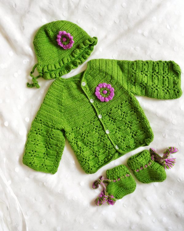Spring Green Handmade Crochet woolen Baby Sweater Set