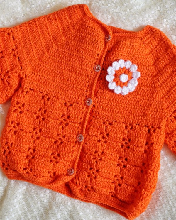 Handmade Orange Color Crochet woolen Baby Sweater - Image 2