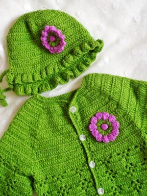 Spring Green Handmade Crochet woolen Baby Sweater Set