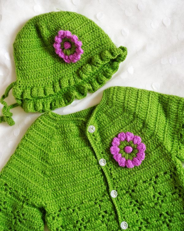 Spring Green Handmade Crochet woolen Baby Sweater Set - Image 2