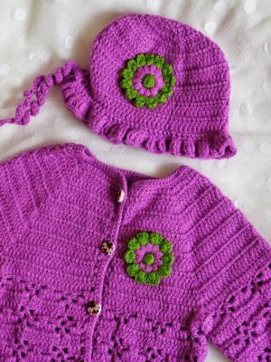 Handmade Purple color Crochet woolen Baby Sweater Set