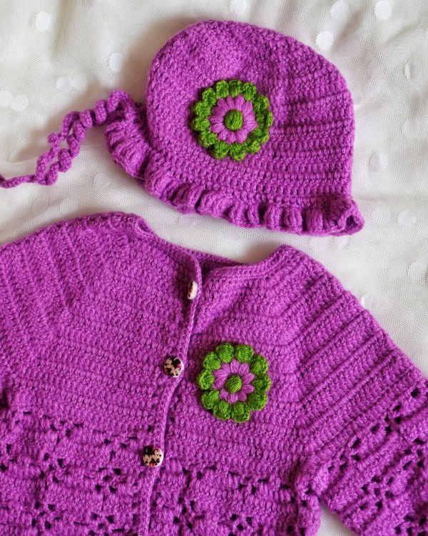 Handmade Purple color Crochet woolen Baby Sweater Set - Image 2