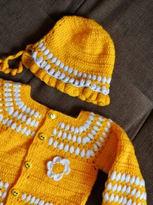 Yellow Color Handmade Crochet woolen Baby Sweater Set