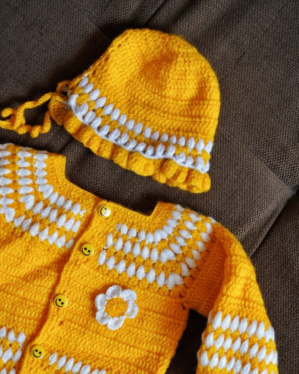 Yellow Color Handmade Crochet woolen Baby Sweater Set - Image 2