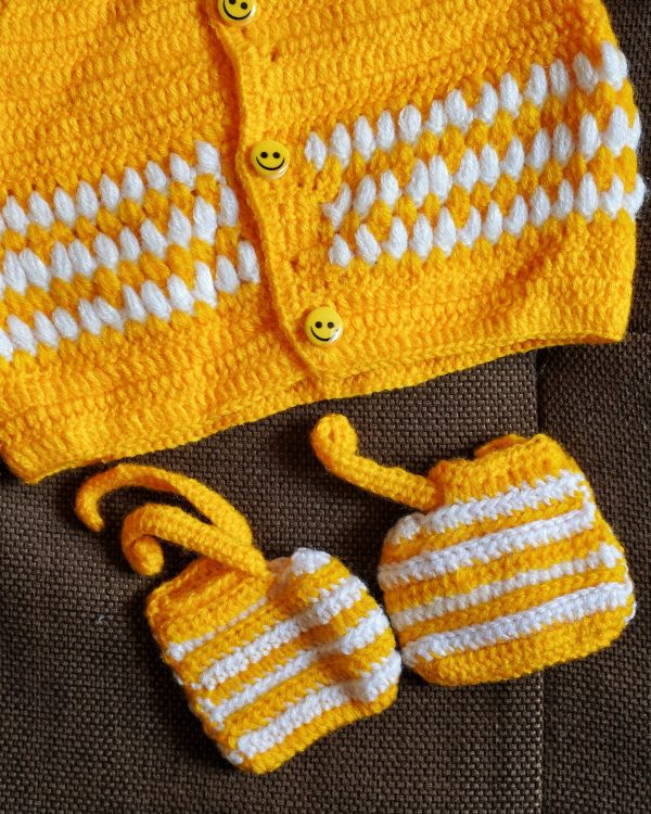 Yellow Color Handmade Crochet woolen Baby Sweater Set - Image 3