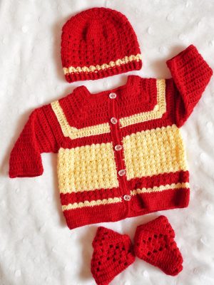 Red And Light Yellow Color Crochet woolen Baby Sweater Set