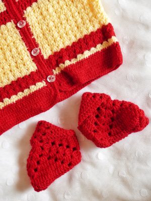 Red And Light Yellow Color Crochet woolen Baby Sweater Set