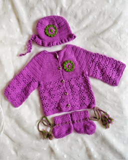 Handmade Purple color Crochet woolen Baby Sweater Set
