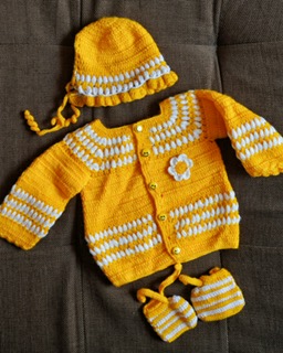 Yellow Color Handmade Crochet woolen Baby Sweater Set