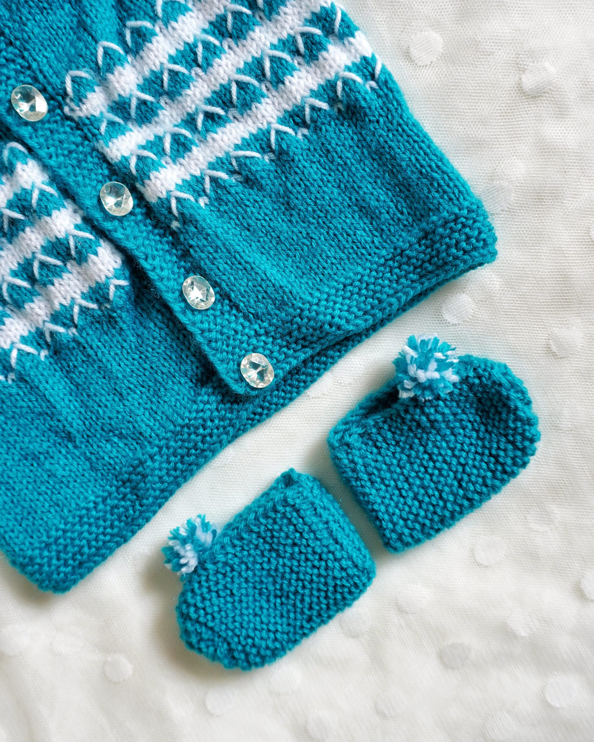 Teal blue Color Crochet woolen Baby Sweater Set - Image 3
