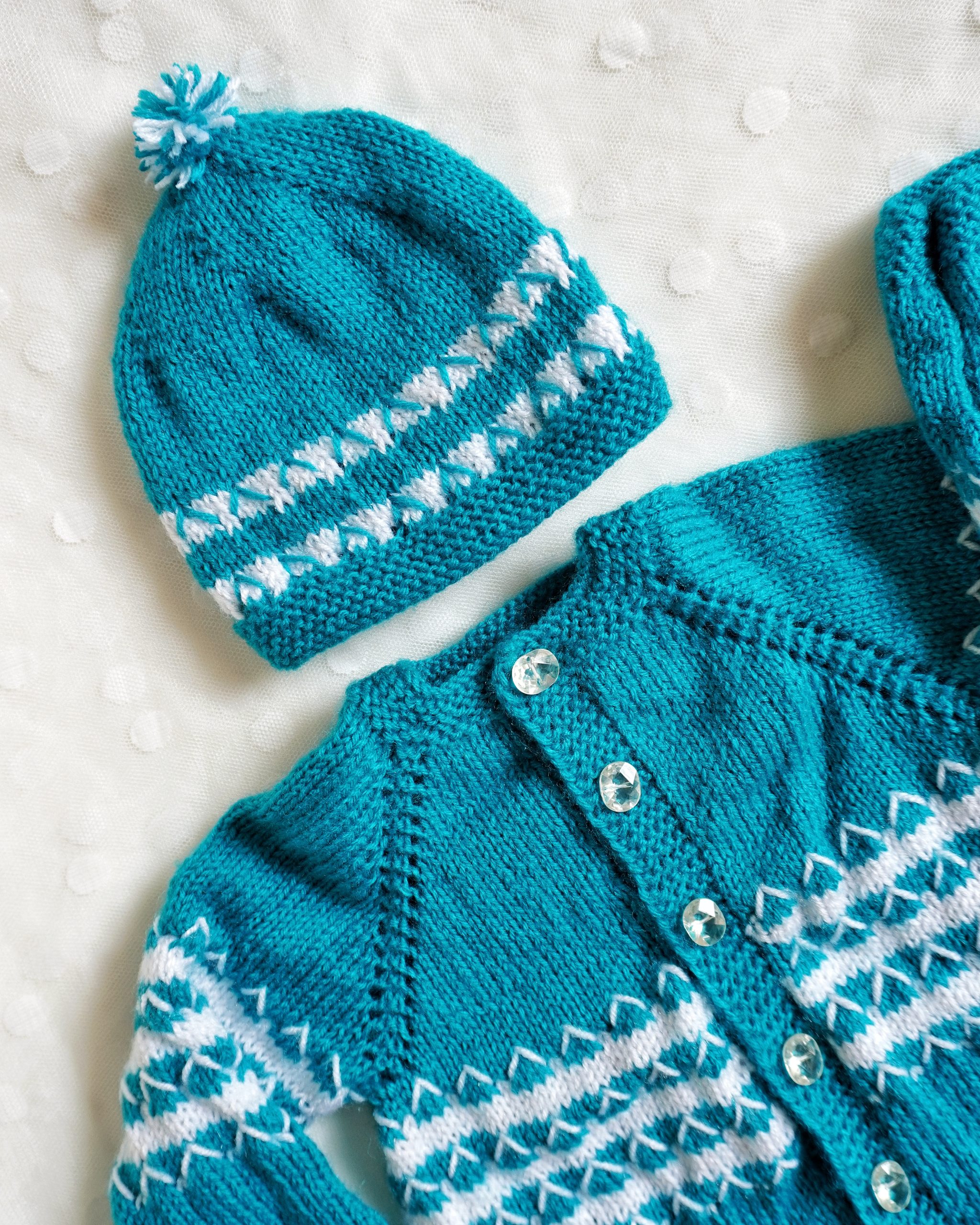 Teal blue Color Crochet woolen Baby Sweater Set - Image 2