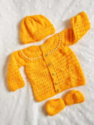 Yellow Color Crochet woolen Baby Sweater Set