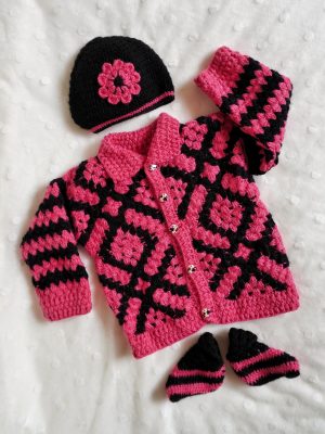Pink And Black Color Crochet woolen Baby Sweater Set