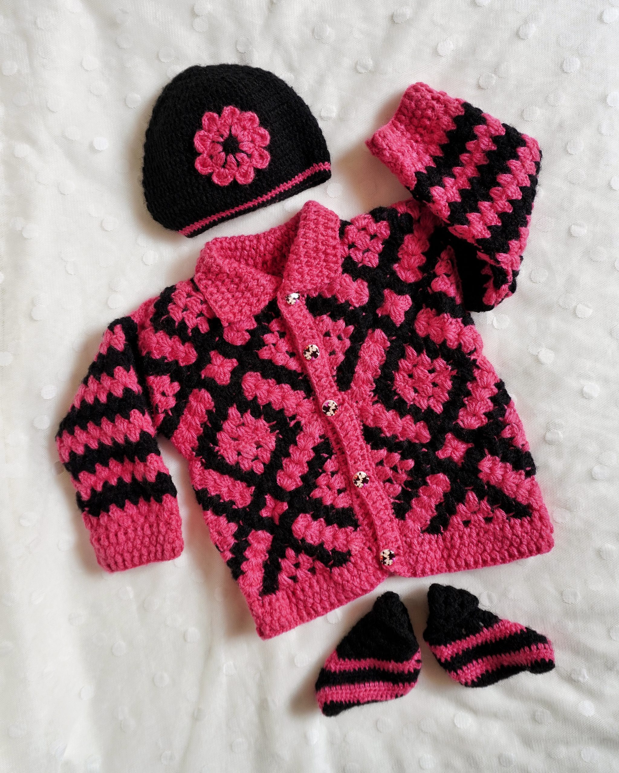 Pink And Black Color Crochet woolen Baby Sweater Set