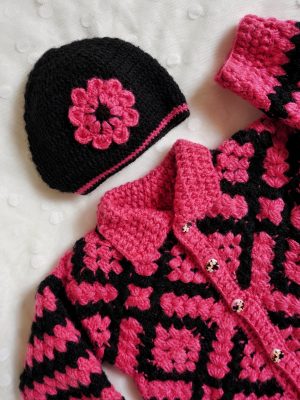 Pink And Black Color Crochet woolen Baby Sweater Set