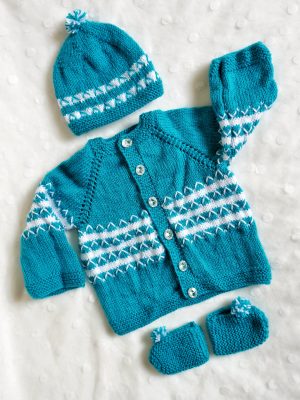Teal blue Color Crochet woolen Baby Sweater Set
