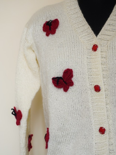 Cream Color Women Cardigan with Red Butterfly - Image 2
