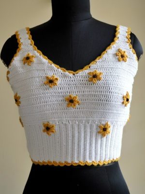 White Color Crochet Top With Sunflower