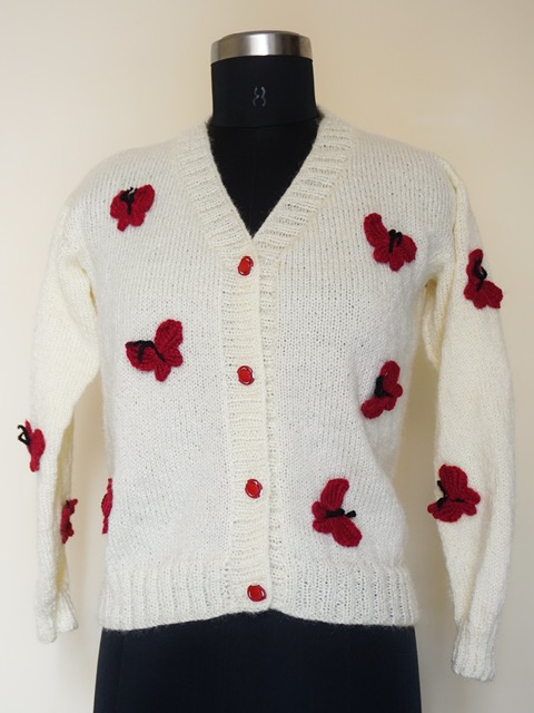 Cream Color Women Cardigan with Red Butterfly